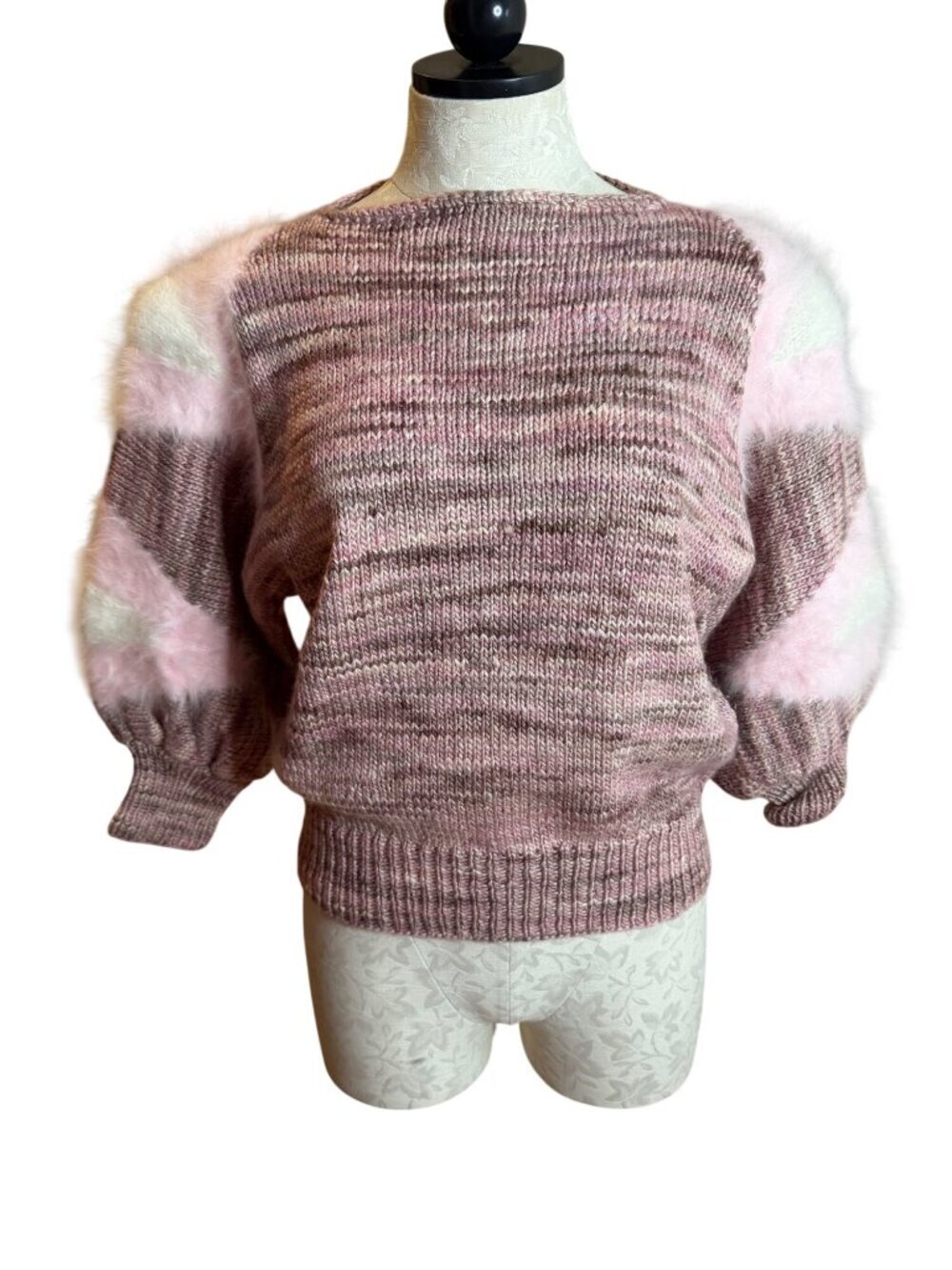 Vintage Hand Knit Pleated Puff Sleeve Sweater Pullover Size M/L Pink Vintage